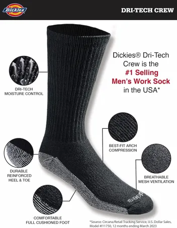 Dri-tech Moisture Control Crew Socks, Black (6 Pairs), or less