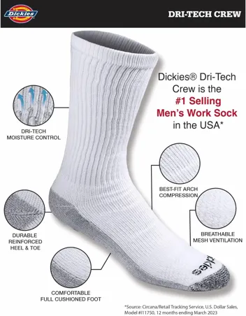 Dri-tech Moisture Control Crew Socks, Black (6 Pairs), or less