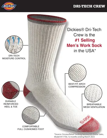 Dri-tech Moisture Control Crew Socks, Black (6 Pairs), or less