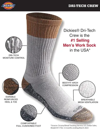 Dri-tech Moisture Control Crew Socks, Black (6 Pairs), or less