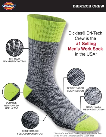 Dri-tech Moisture Control Crew Socks, Black (6 Pairs), or less