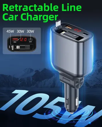 Yantu 102W Retractable USB-C & Apple Lightning Cable 2-USB Car Charger