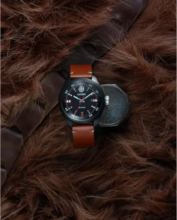 Eco-Drive Star Wars 43mm Chewbacca Black IP Stainless Steel (Brown Leather Strap)