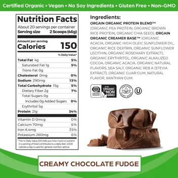 Organic Vegan Protein Powder (Creamy Chocolate Fudge, 2.03lb)