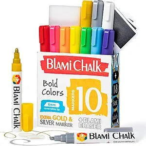 Erasable Liquid Chalk Markers with Extra Gold and Silver Colors, 6mm Reversible Tip