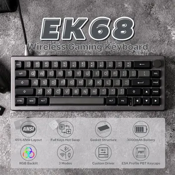 EK68 Wireless Gaming Mechanical Keyboard with Metal Knob, Bluetooth 5.0/2.4Ghz Wireless/USB-C Wired Custom Keyboard Black Pur