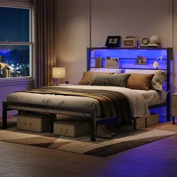 49.2" Bed Frame w/LED Storage Headboard Shelf (Queen)