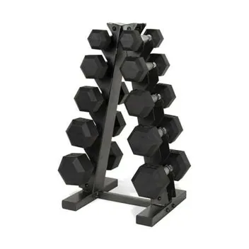 150lb Coated Rubber Hex Dumbbell Weight Set (5lb-25lb Pairs) with A-Frame Rack