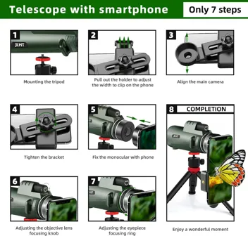 JLHT 40x60 BAK4 Prism Monocular Telescope w/ Phone Adapter & Tripod