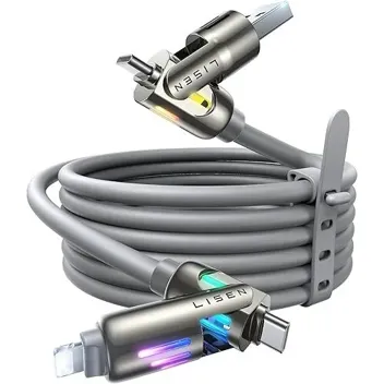 Lisen 4-in-1 240W 6.6ft Chubby USB-C Cable with Light, Lightning & USB-A Adapters