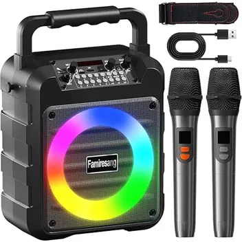 Famiresang 20w RGB Light Bluetooth Portable Karaoke Machine with 2x Wireless Microphones