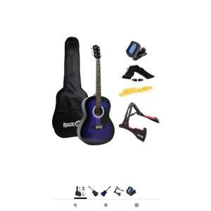 RockJam Acoustic Guitar Superkit Includes Stand, Gig Bag, Tuner, Picks, Plectrum Holder, Spare Strings & Online Lessons 6 String Pack, Right, Blue, Full size,