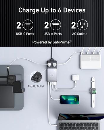 727 GaNPrime 100W Compact Power Strip w/ 2 Outlets and 4 USB Ports