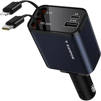 Rampow 65W Retractable USB-C & Lightning Cable Car Charger with 2-USB Ports