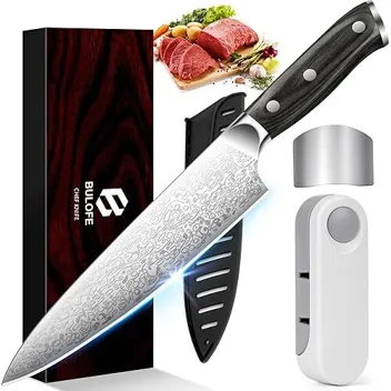 Bulofe 8" Carbon Stainless Steel Chef Knife with Fingergaurd, Sharpner