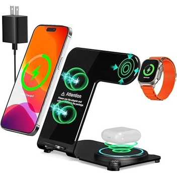 Mlfsaier 3-in-1 Aluminum Alloy Wireless Charging Station w/ 20W USB Adapter (iPhone, Airpods, Apple Watch)