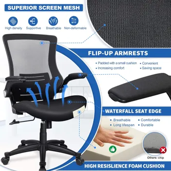 iCoudy Ergonomic Mid Back Mesh Office Chair w/ Lumbar Support & Flip-Up Armrests