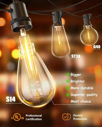 Fanhonse S14 48ft 2700K LED Edison Bulb Outdoor String Lights (17x Bulbs)