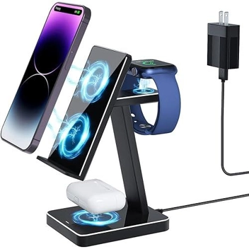 Suyoovo 3-in-1 Aluminum Alloy Wireless Charging Station w/ 20W USB QC 3.0 Adapter (iPhone, Airpods, Apple Watch)