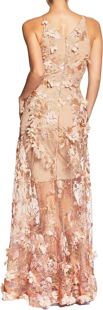 Dress the Population Embellished Plunging Gown Sleeveless Floral Long Dress (Black/Nude Sidney)