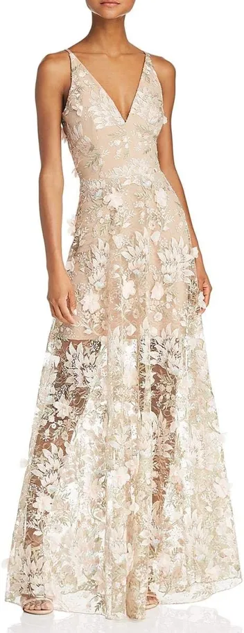 Dress the Population Embellished Plunging Gown Sleeveless Floral Long Dress (Black/Nude Sidney)