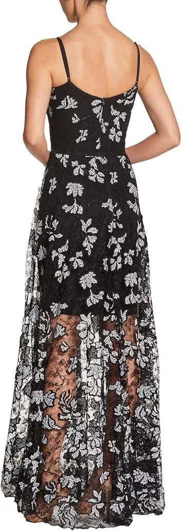 Dress the Population Embellished Plunging Gown Sleeveless Floral Long Dress (Black/Nude Sidney)