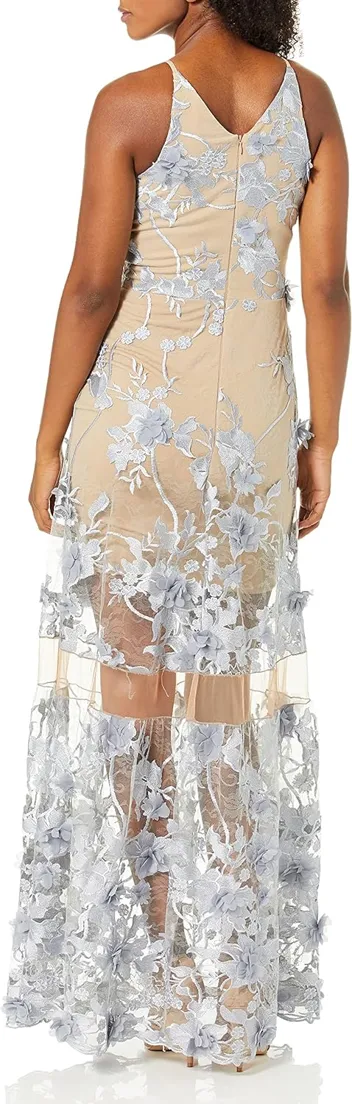 Dress the Population Embellished Plunging Gown Sleeveless Floral Long Dress (Black/Nude Sidney)