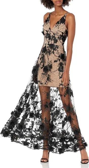 Dress the Population Embellished Plunging Gown Sleeveless Floral Long Dress (Black/Nude Sidney)