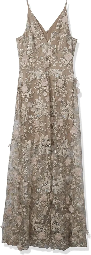 Dress the Population Embellished Plunging Gown Sleeveless Floral Long Dress (Black/Nude Sidney)