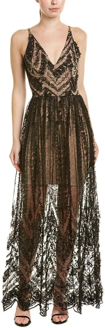 Dress the Population Embellished Plunging Gown Sleeveless Floral Long Dress (Black/Nude Sidney)