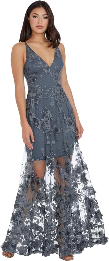 Dress the Population Embellished Plunging Gown Sleeveless Floral Long Dress (Black/Nude Sidney)