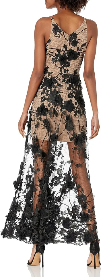 Dress the Population Embellished Plunging Gown Sleeveless Floral Long Dress (Black/Nude Sidney)