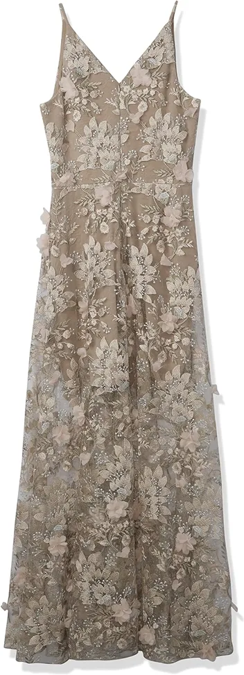 Dress the Population Embellished Plunging Gown Sleeveless Floral Long Dress (Black/Nude Sidney)