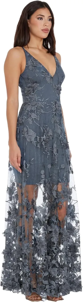 Dress the Population Embellished Plunging Gown Sleeveless Floral Long Dress (Black/Nude Sidney)