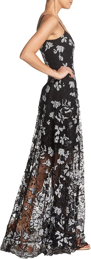 Dress the Population Embellished Plunging Gown Sleeveless Floral Long Dress (Black/Nude Sidney)