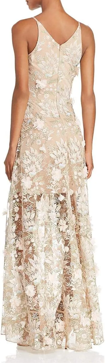 Dress the Population Embellished Plunging Gown Sleeveless Floral Long Dress (Black/Nude Sidney)