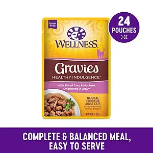 48-Count 3-Oz Wellness Healthy Indulgence Gravies Grain-Free Wet Cat Food (Tuna & Mackeral in Gravy) (72c Ea)