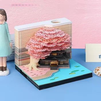 MACTANO 3D Art Calendar Memo Pad 2024, Creative Time piece Calendar Sakura Tree Rip Away Paper Carving Sticky DIY Note Pink