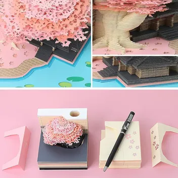 MACTANO 3D Art Calendar Memo Pad 2024, Creative Time piece Calendar Sakura Tree Rip Away Paper Carving Sticky DIY Note Pink