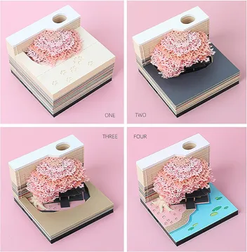 MACTANO 3D Art Calendar Memo Pad 2024, Creative Time piece Calendar Sakura Tree Rip Away Paper Carving Sticky DIY Note Pink