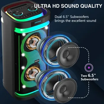 Dftrt 60W 6.5" Sub RGB Lights Wireless Speaker / Karaoke Machine with 2x Wireless Microphones