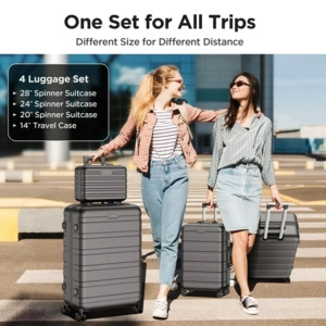 Famistar 4 Piece Hardside Luggage Suitcase Set includes 14” Travel Case, 20" Carry-On Luggage, 24" Checked Luggage, and 28" Checked Luggage