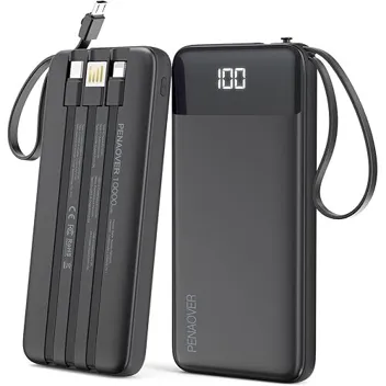Penaover 10000mAh Power Bank with 3x Built-in Charging Cables
