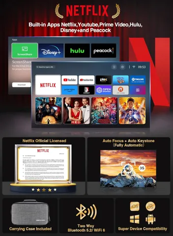 DBPower G01 1080p Native 500-ANSI Lumen Netflix-Licensed Smart Projector