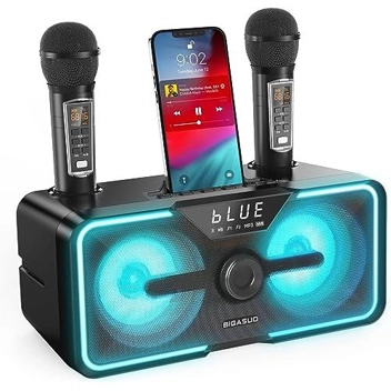 Bigasuo LED Lights Portable Bluetooth Karaoke Machine with 2x Wireless Microphones