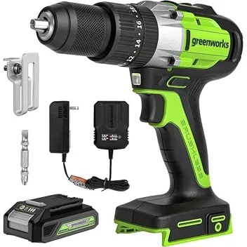 24V Brushless 1/2" Hammer Drill (Metal Chuck 20+3 Clutch / LED Light) + 5 PC Drill Bits, 2.0Ah Battery & Charger Included