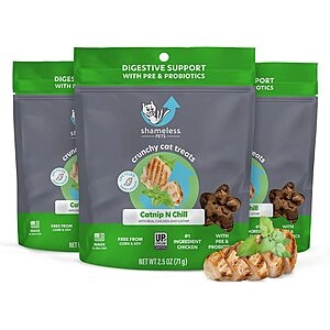 3-Pack 2.5-Oz Shamelss Pets Crunch Cat Treats w/ Digestive Support (3 flavors) w/ S&S