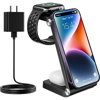 Gejiucai 3-in-1 Compact Magnetic Adjustable Wireless Charging Station (for iPhone, Airpods, Apple Watch)