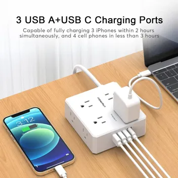 POWRUI 8-Outlet / 4-USB Port 6' Flat Plug Power Strip Surge Protector