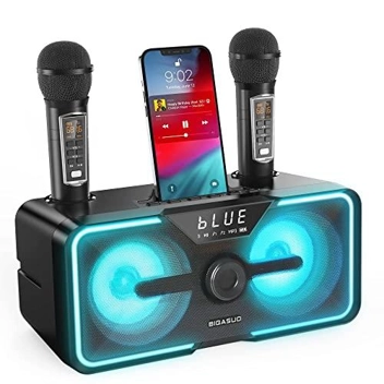 Bigasuo LED-Lit Portable Bluetooth Karaoke Machine with 2x Wireless Microphones